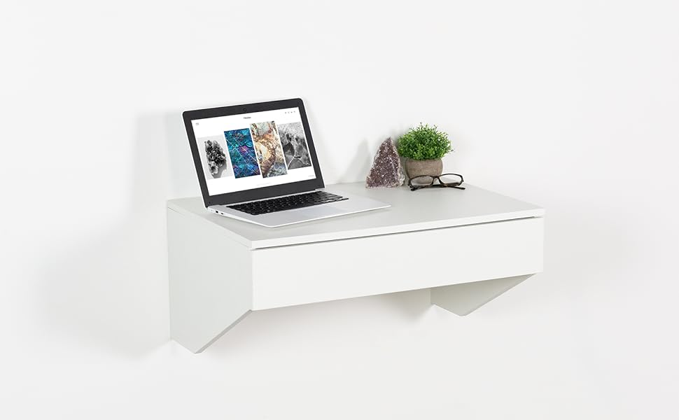 VIVO White Wall Mounted Desk with 28 inch Surface and Pull Out Drawer, Floating Wall Organizer, Under Storage Workstation, DESK-SF01W