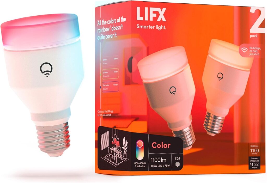 LIFX color_ A19 1100 lumens_ Wi-Fi Smart LED Light Bulb_ Billions of colors and Whites_ No bridge required_ Works with Alexa_ Hey Google_ HomeKit and Siri multicolor 