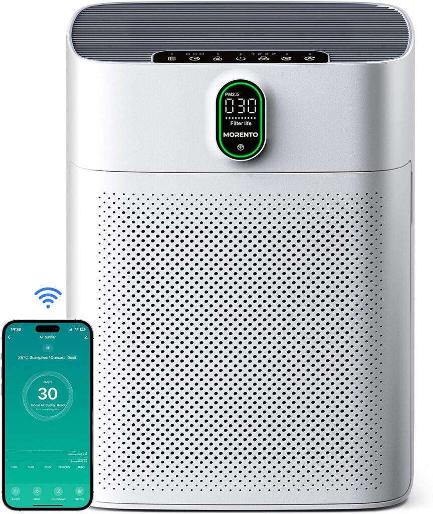 MORENTO Smart Air Purifier for home Large Rooms up to 1076 ft²_ Wi-Fi and Alexa compatible_ PM2_5 Air Quality Display_ Auto Mode_ Quiet Mode 24dB_ HEPA Filter Removes Dust_ Pollen_ Smoke 