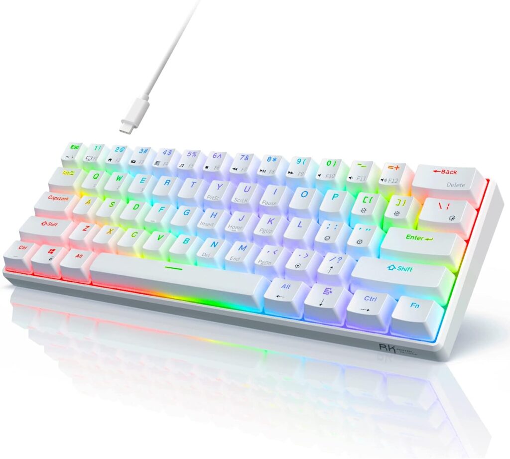 RK ROYAL KLUDGE RK61 Wired QMK/VIA 60% Mechanical Gaming Keyboard Programmable RGB Backlit Ultra-Compact Hot Swappable Red Switch White