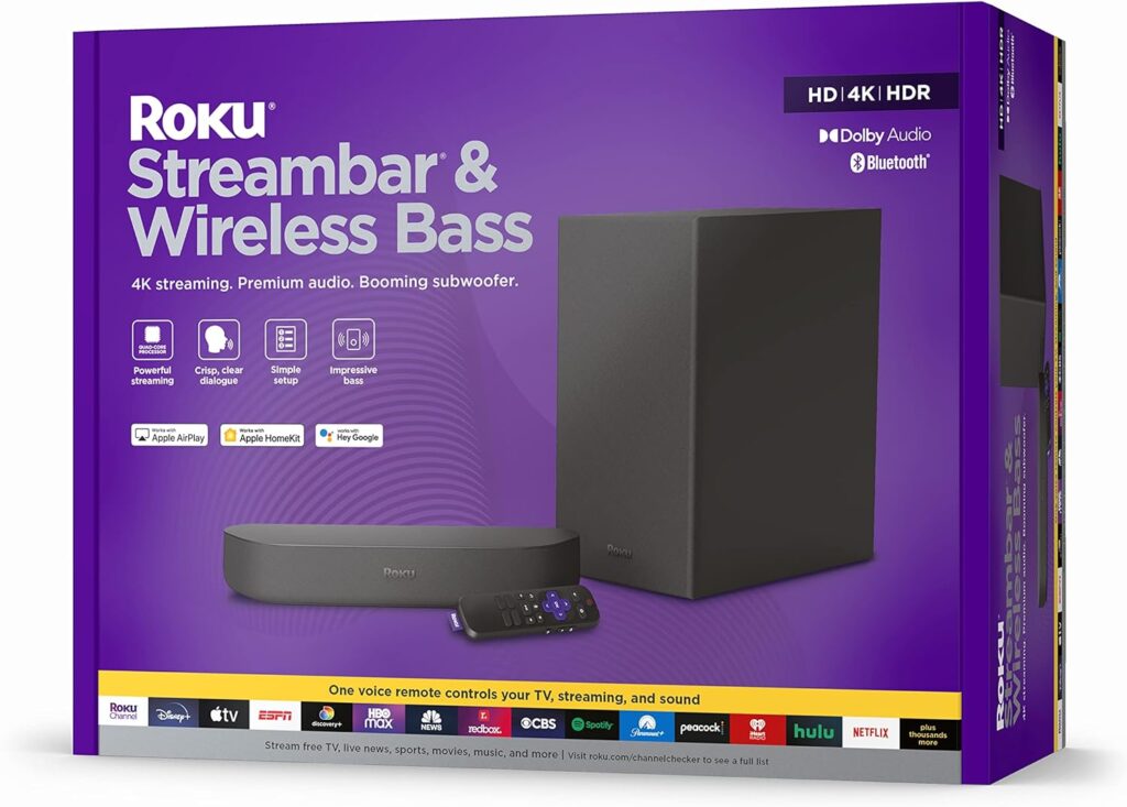 Roku Streambar & Wireless Bass Premium 4K HDR Soundbar with Subwoofer, Voice Remote, Free & Live TV Streaming