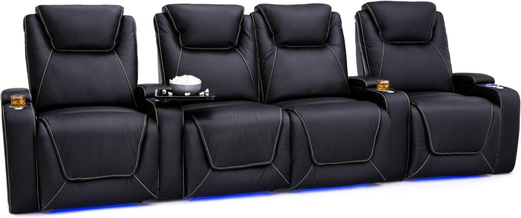 Seatcraft Pantheon - Big & Tall - Home Theater Seating - 400 lbs Capacity - Top Grain Leather - Power Recline - Powered Headrest and Lumbar - Cupholders - Arm Storage, Row of 4 Loveseat, Black