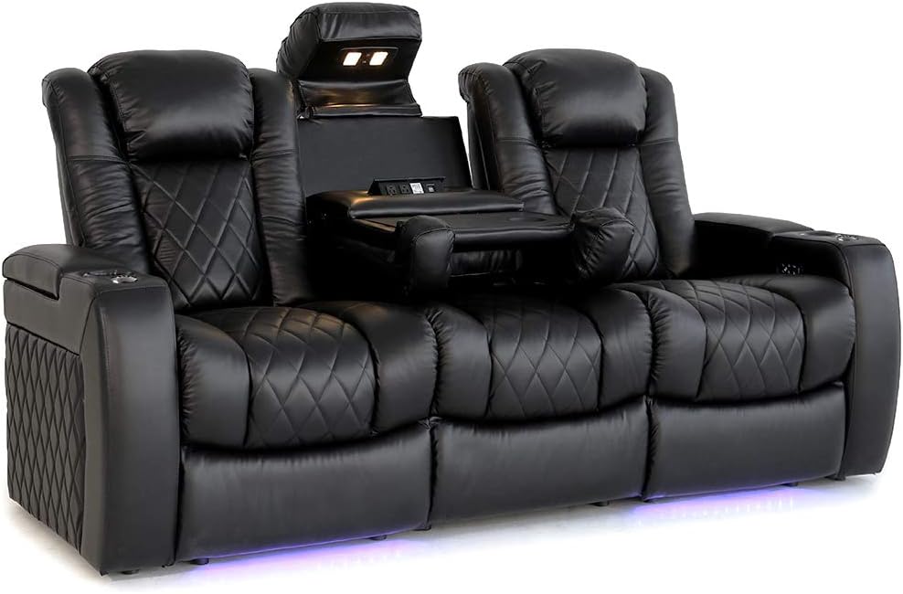 Valencia Tuscany Home Theater Seating | Premium Top Grain Italian Nappa 11000 Leather, Power Headrest, Power Lumbar Support, with Center Drop Down Console (Row of 3, Black)