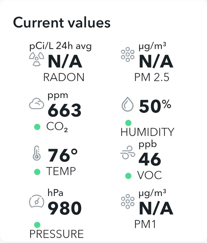 Airthings 2960 View Plus readings in app