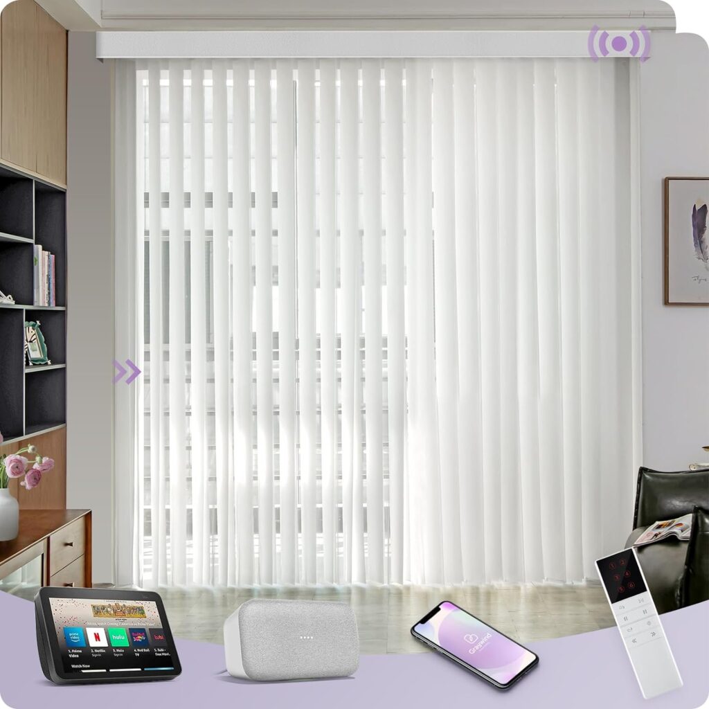 Graywind Motorized Sheer Vertical Blinds Compatible with Alexa Google Smart Sheer Curtain Drapery Privacy Light Filtering Remote Control Vertical Shades, Custom Width Up to 157", Snow