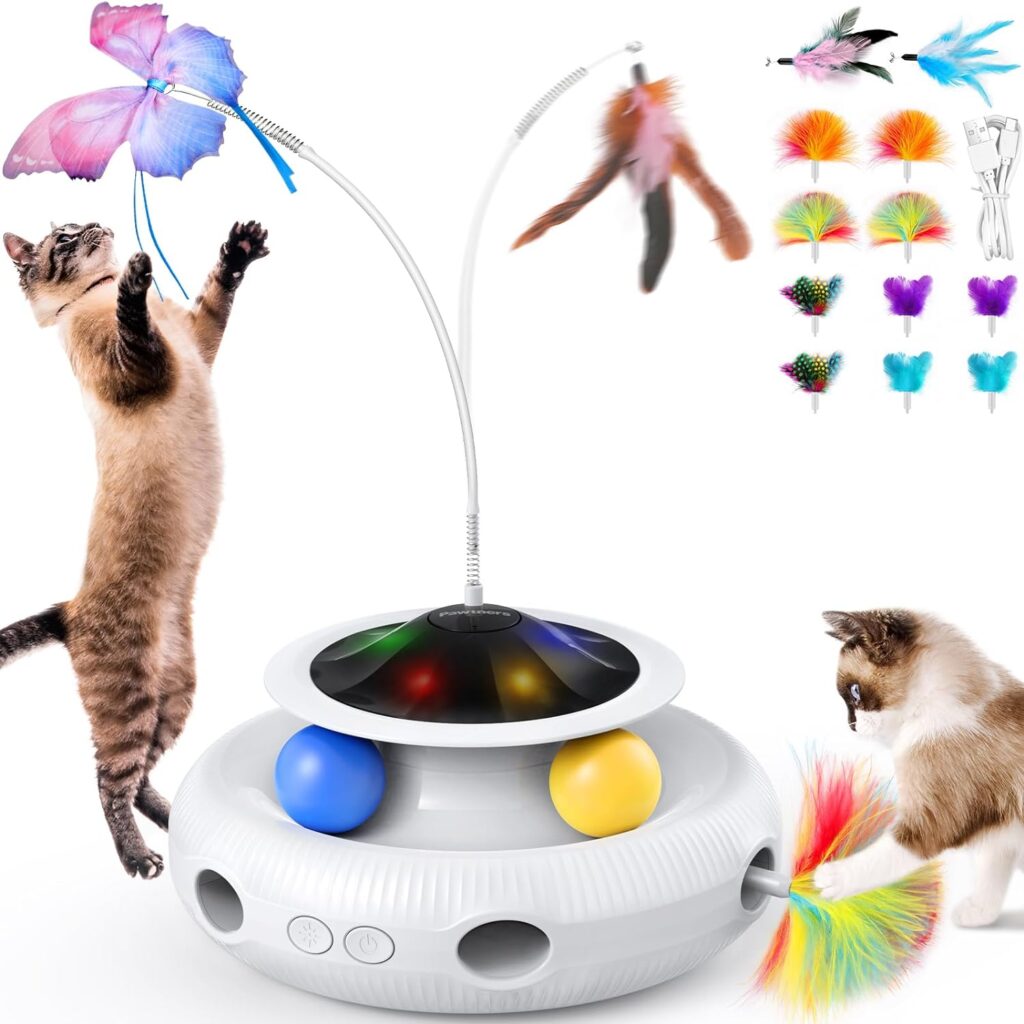 Interactive-Cat-Toy 3 in 1 Automatic Interactive Kitten Toys for Indoor Cats Rechargeable with Fluttering Butterfly, Track Balls and Ambush Feather