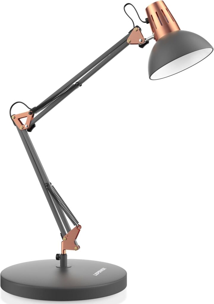 LEPOWER Metal Desk Lamp, Adjustable Goose Neck Architect Table Lamp with On/Off Switch, Swing Arm Desk Lamp with Clamp, Eye-Caring Reading Lamp for Bedroom, Study Room &Office (Sandy Black)