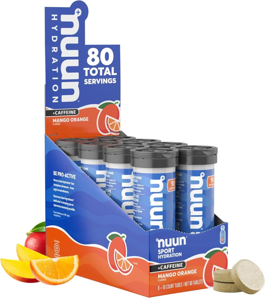 Nuun Sport + Caffeine Electrolyte Tablets for Proactive Hydration, Mango Orange, 8 Pack (80 Servings)