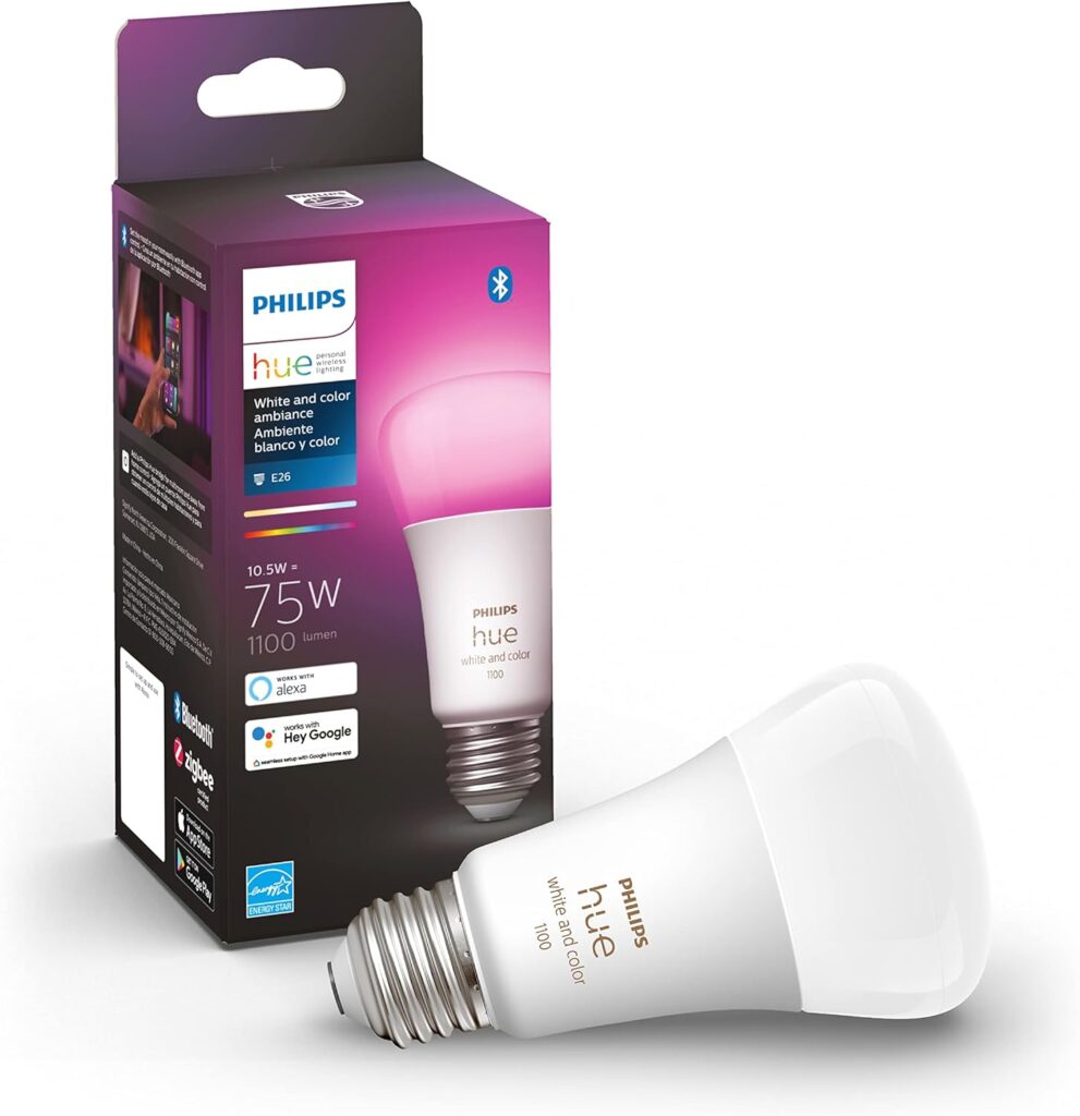 Philips Hue Smart 75W A19 LED Bulb - White and Color Ambiance Color-Changing Light - 1 Pack - 1100LM - E26 - Indoor - Control with Hue App - Works with Alexa, Google Assistant and Apple Homekit