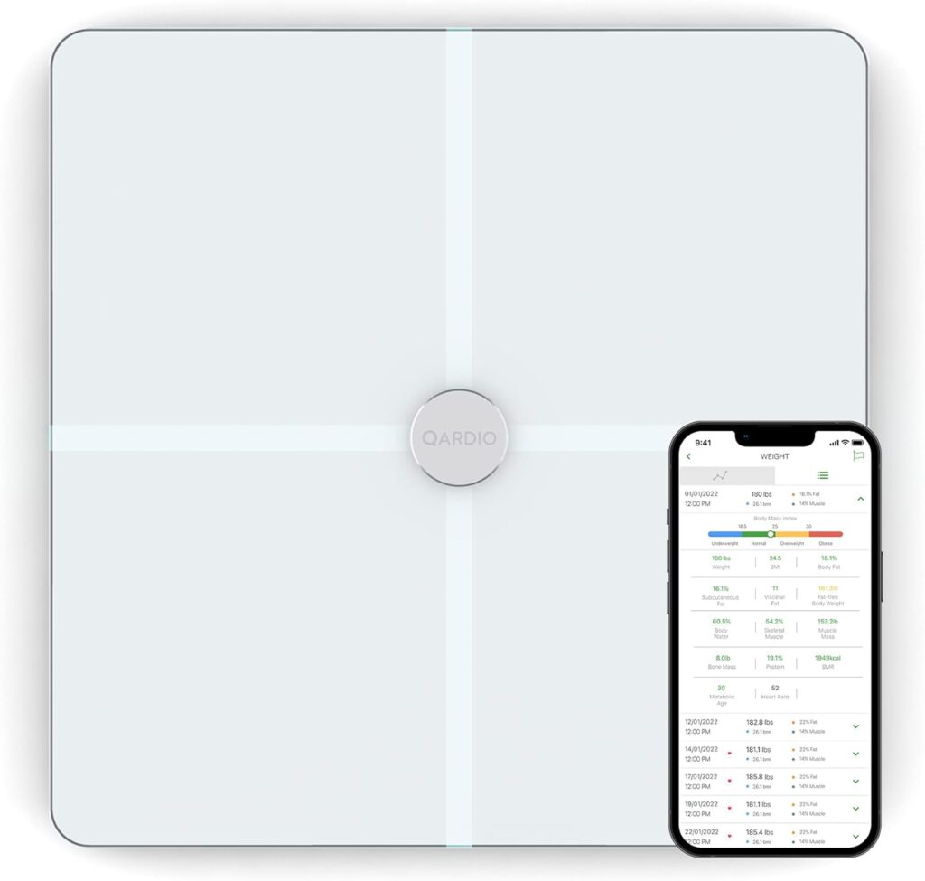 QardioBase X Smart WiFi Scale and Full Body Composition 12 Fitness Indicators Analyzer. App-Enabled for iOS, Android, iPad, Apple Health. Athlete, Pregnancy and Multi-User Modes.