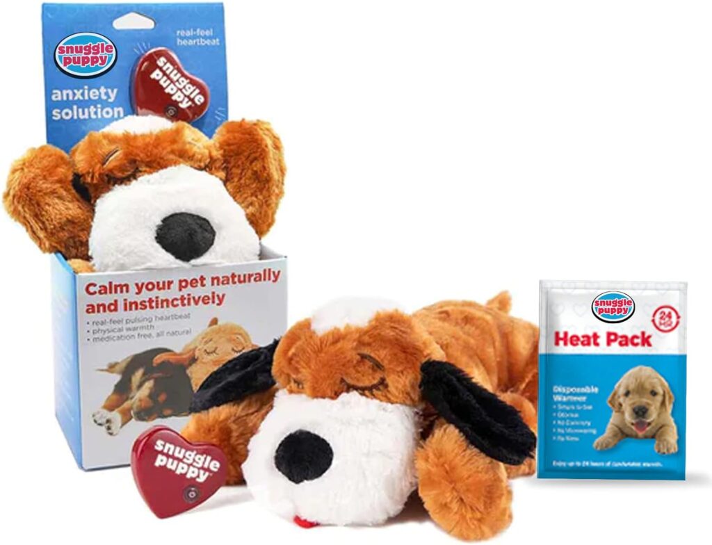 SmartPetLove Original Snuggle Puppy Heartbeat Stuffed Toy for Dogs. Pet Anxiety Relief and Calming Aid, Comfort Toy for Behavioral Training in Brown and White