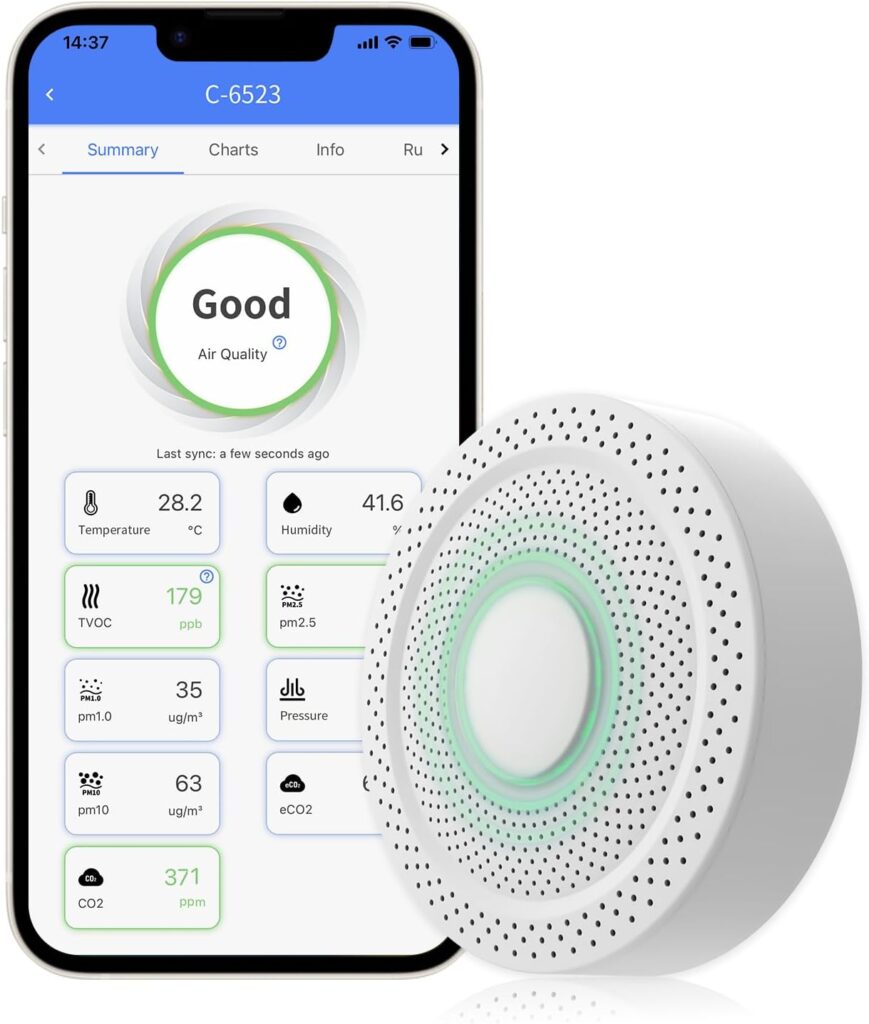 UbiBot AQS1 9-in-1 Air Quality Monitor - PM1/2.5/10, TVOC, CO2/CO2e, Temperature & Humidity, Multiple Alerts, WiFi/RS485 Connectivity, Free Public Cloud Platform, Support Local Network Deployment.