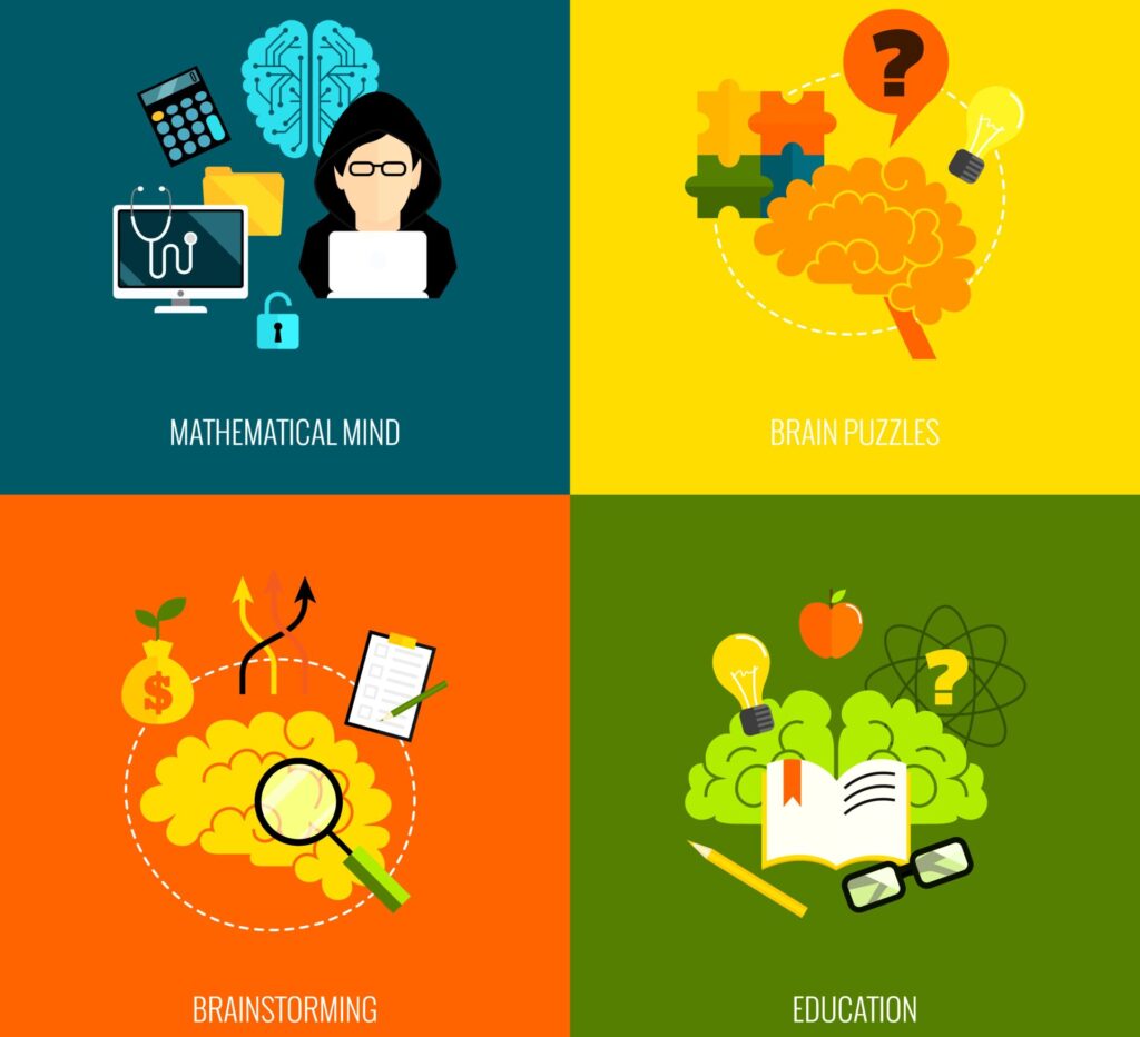 Tech Solutions for Seniors - Infographic illustrating the concept of brain training with icons representing mathematical mind, brain puzzles, brainstorming, and education