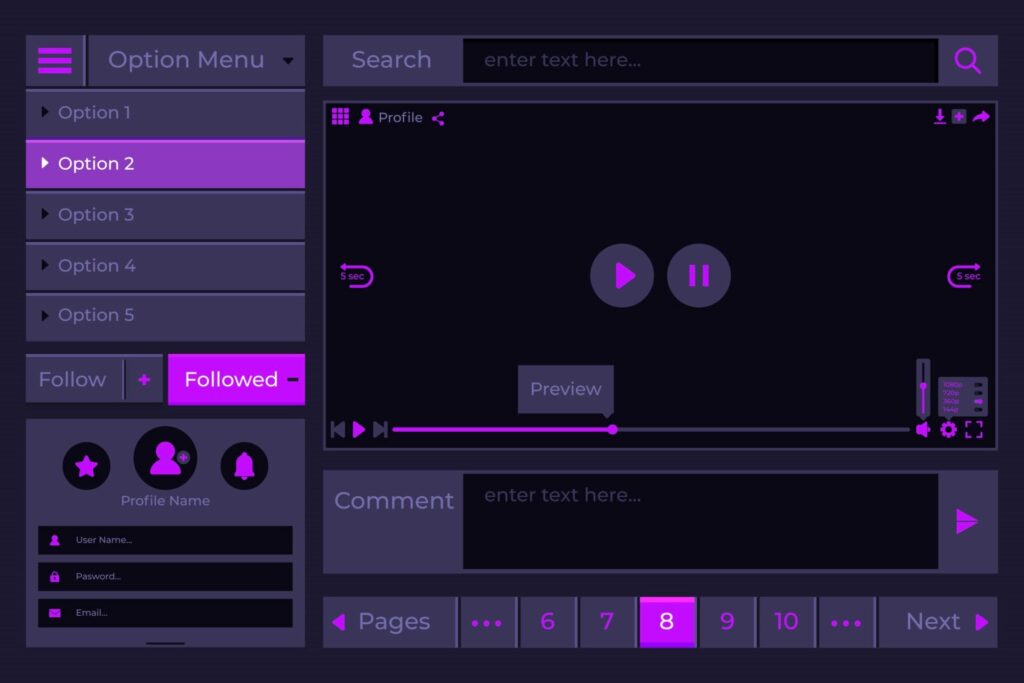 A dark-themed user interface with a sidebar menu, a search bar, a profile section, a media player, and a comment section