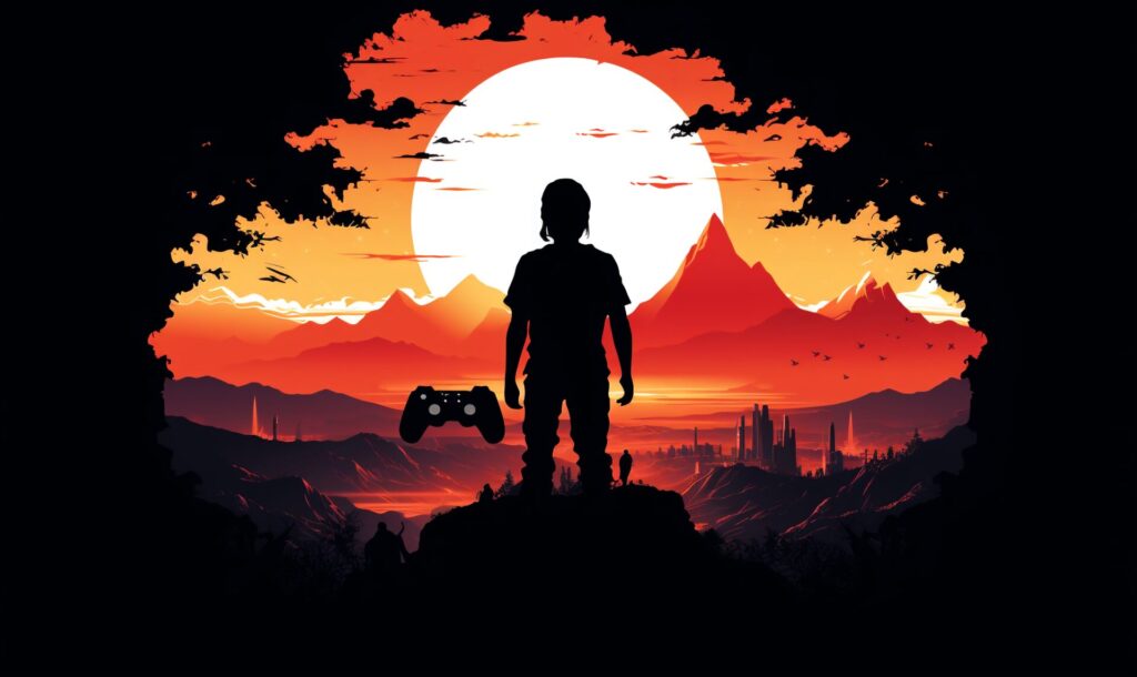 Silhouette of a person holding a controller, standing on a hilltop overlooking a vast landscape bathed in the warm glow of a sunset, symbolizing the immersive and nostalgic experience of retro gaming