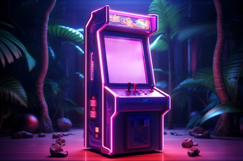 A neon-lit retro arcade cabinet, symbolizing the resurgence of classic gaming and the nostalgia it evokes