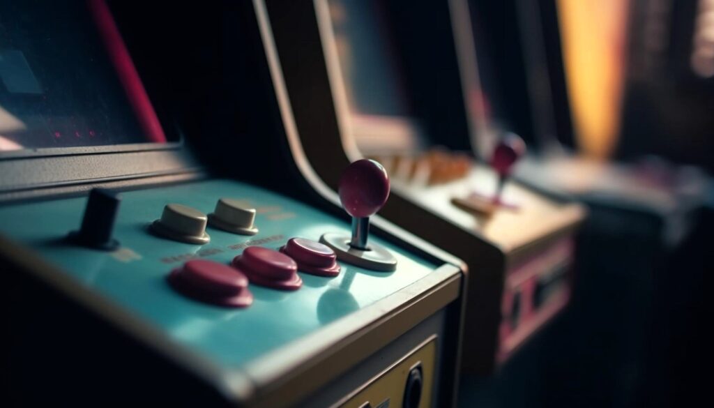 Retro Gaming Resurgence - Close-up of vintage arcade game control panel with joystick and buttons, evoking nostalgia for the golden age of gaming