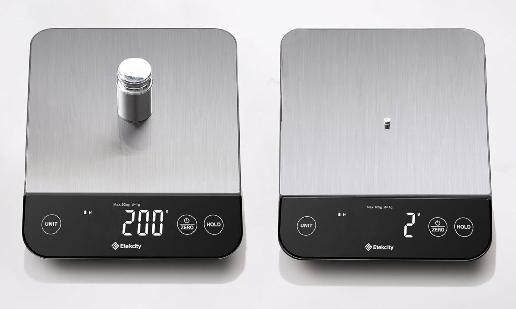 Two Etekcity Food Kitchen Scales displaying weights in grams: one with a metal container weighing 20.0 grams and the other with a single pill weighing 2 grams