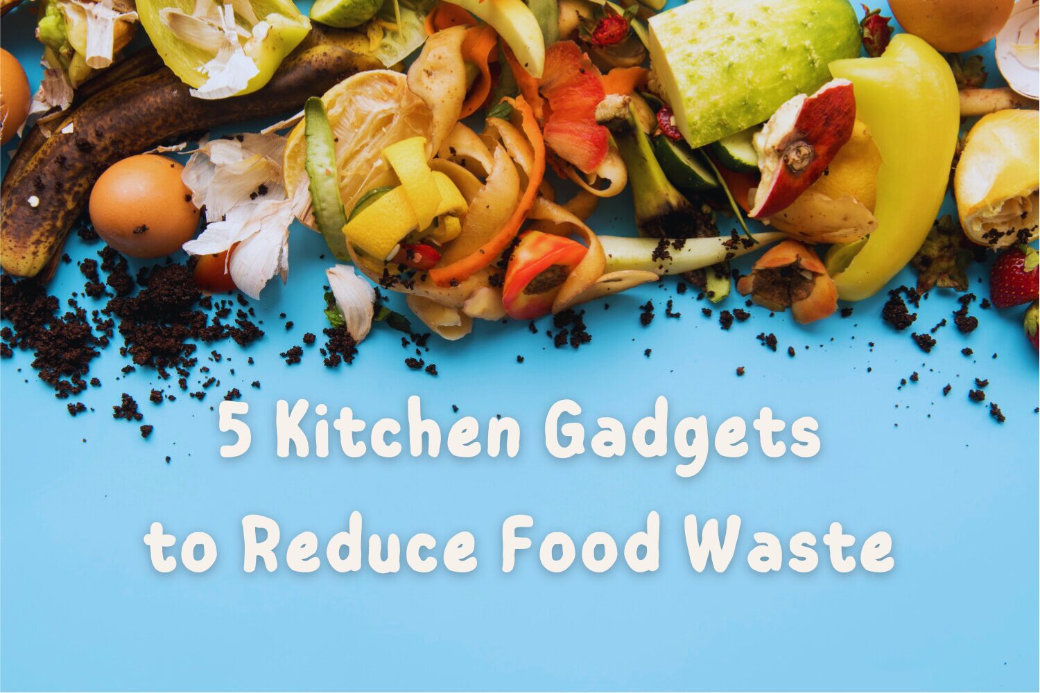 A pile of colorful food scraps on a blue countertop, including fruit peels, vegetable scraps, coffee grounds, and eggshells.