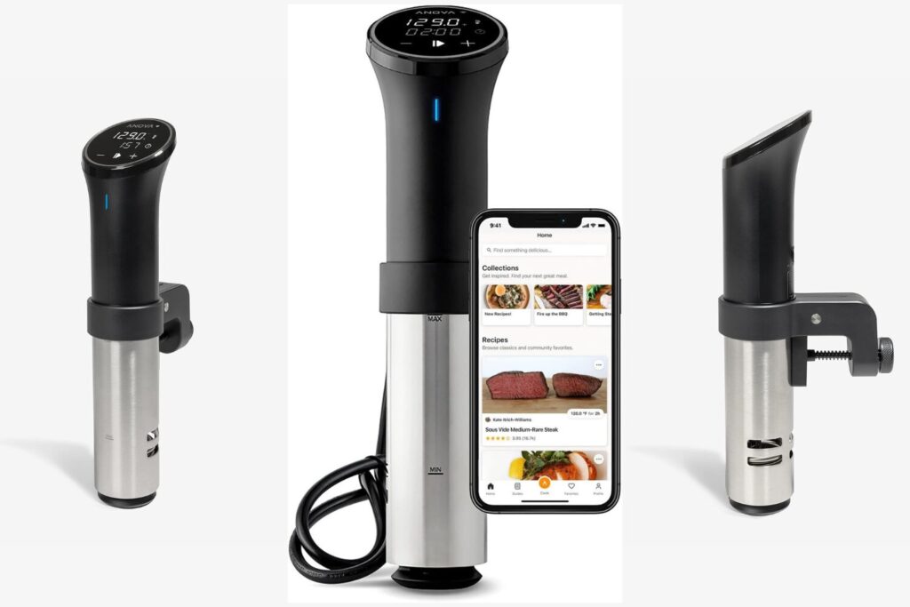 Kitchen Tech Gadgets - Anova Culinary Sous Vide Precision Cooker 3.0 A stainless steel countertop immersion circulator with a black handle sits in a white pot filled with clear water. A smartphone with a recipe on the screen rests beside the pot on a white background.