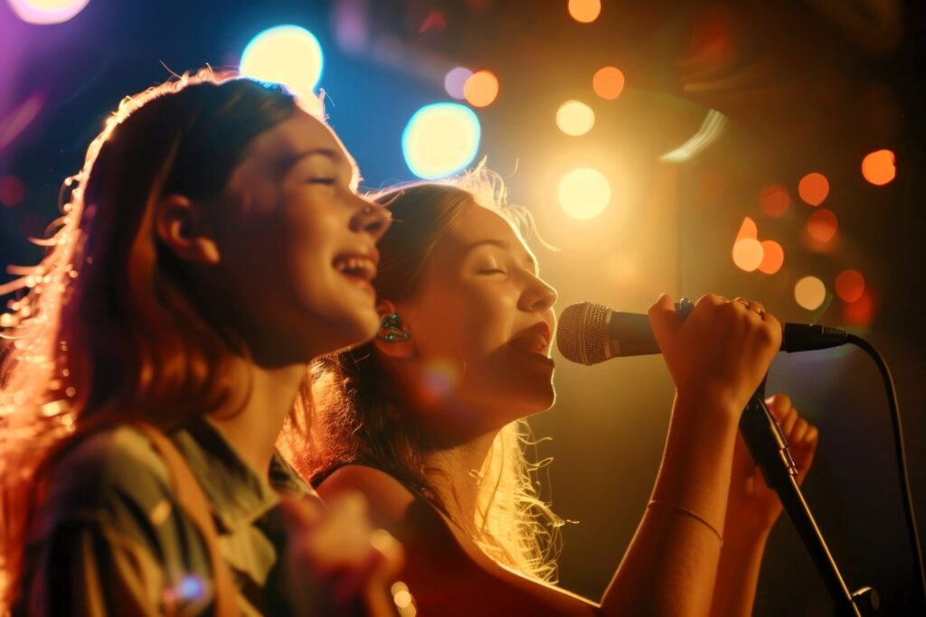 A colorful disco ball hangs above a karaoke setup with a projector screen displaying song lyrics, creating a fun and festive atmosphere