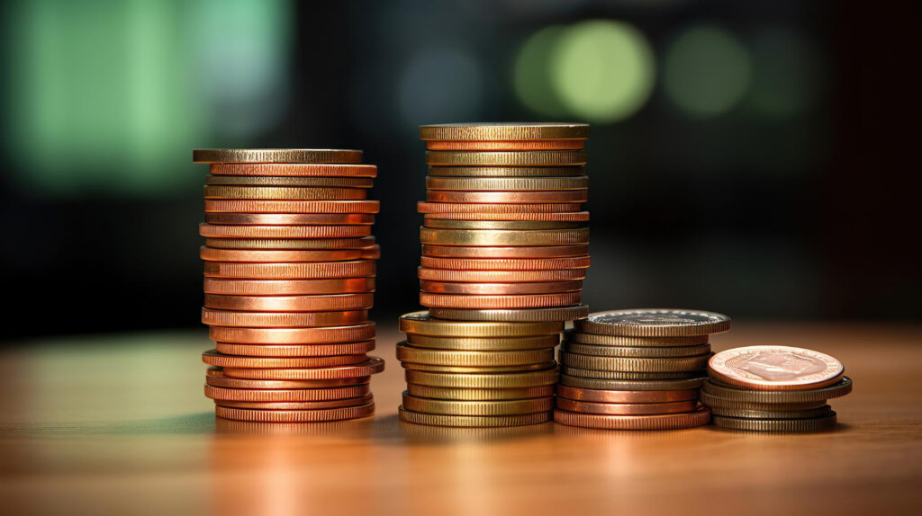 Stacks of coins in decreasing heights, illustrating financial concepts like wealth disparity or diminishing returns.