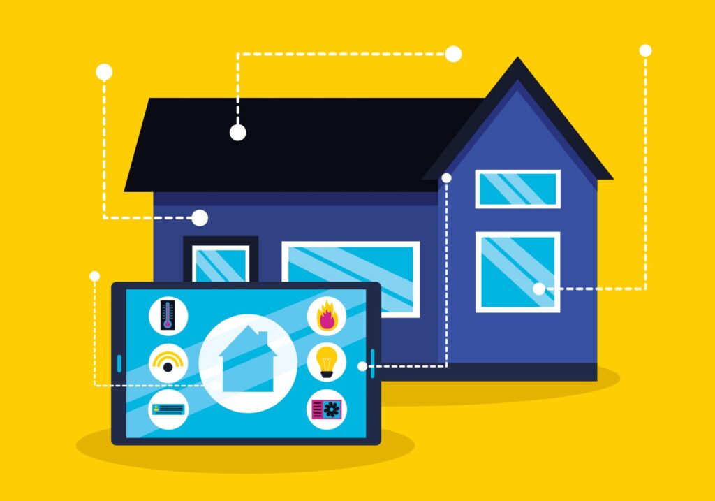 A blue house is connected to a tablet displaying smart home control icons for temperature, Wi-Fi, lighting, and air conditioning, illustrating the ability to manage a home's functions remotely