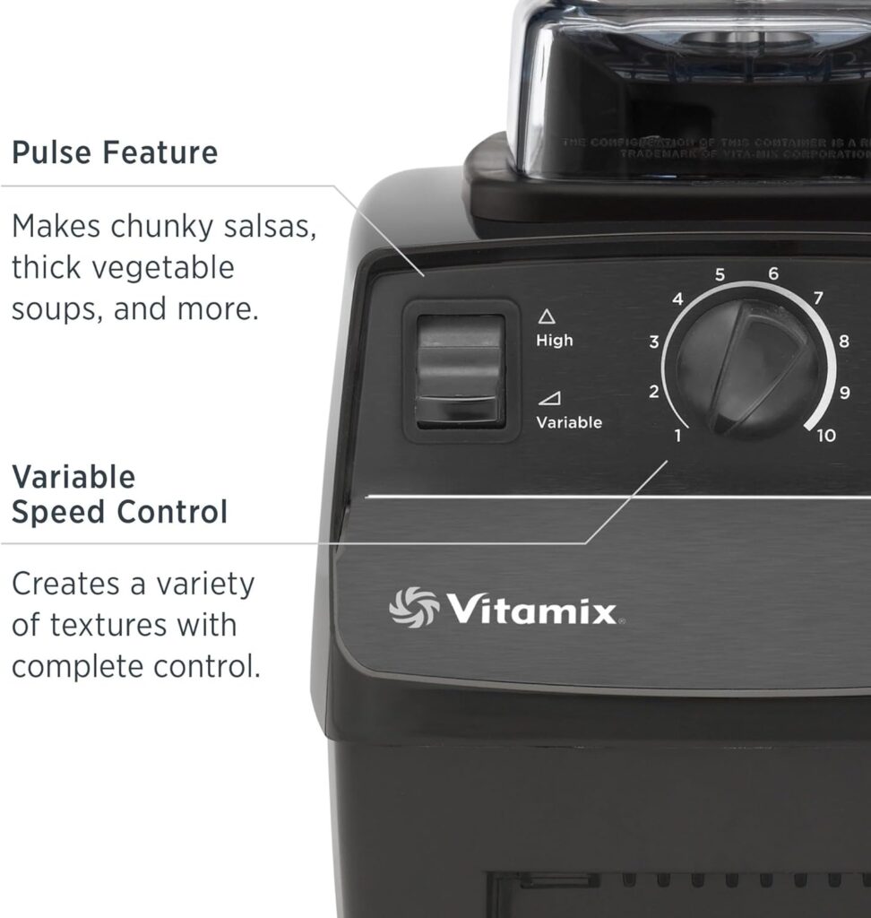 Close-up of Vitamix blender control panel showcasing the pulse feature and variable speed dial, highlighting its versatility and precision for various culinary creations.