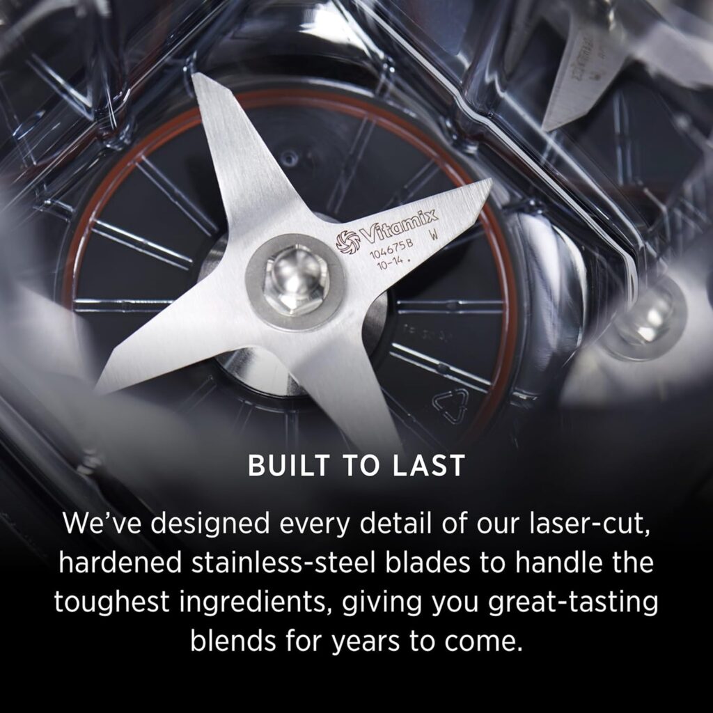 Close-up of Vitamix's laser-cut, hardened stainless steel blades, emphasizing their durability and ability to blend tough ingredients for years.