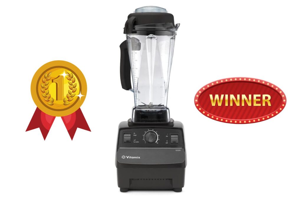 A Vitamix 5200 blender with a gold medal and a "Winner" banner, signifying its victory in the ultimate blender showdown against Ninja and Blendtec