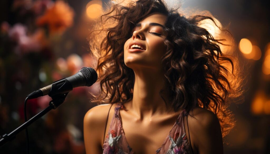 Young woman singing on stage captivating the audience with joy 